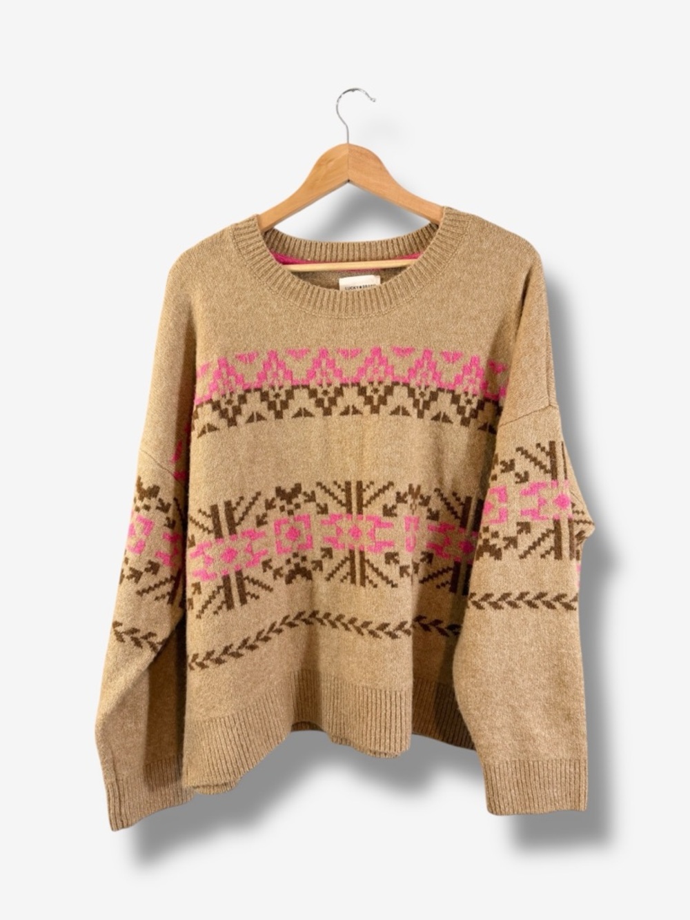 Lucky Brand Fair Isle Crew Neck Sweater XXL Tan Brown Pink Boho Casual
